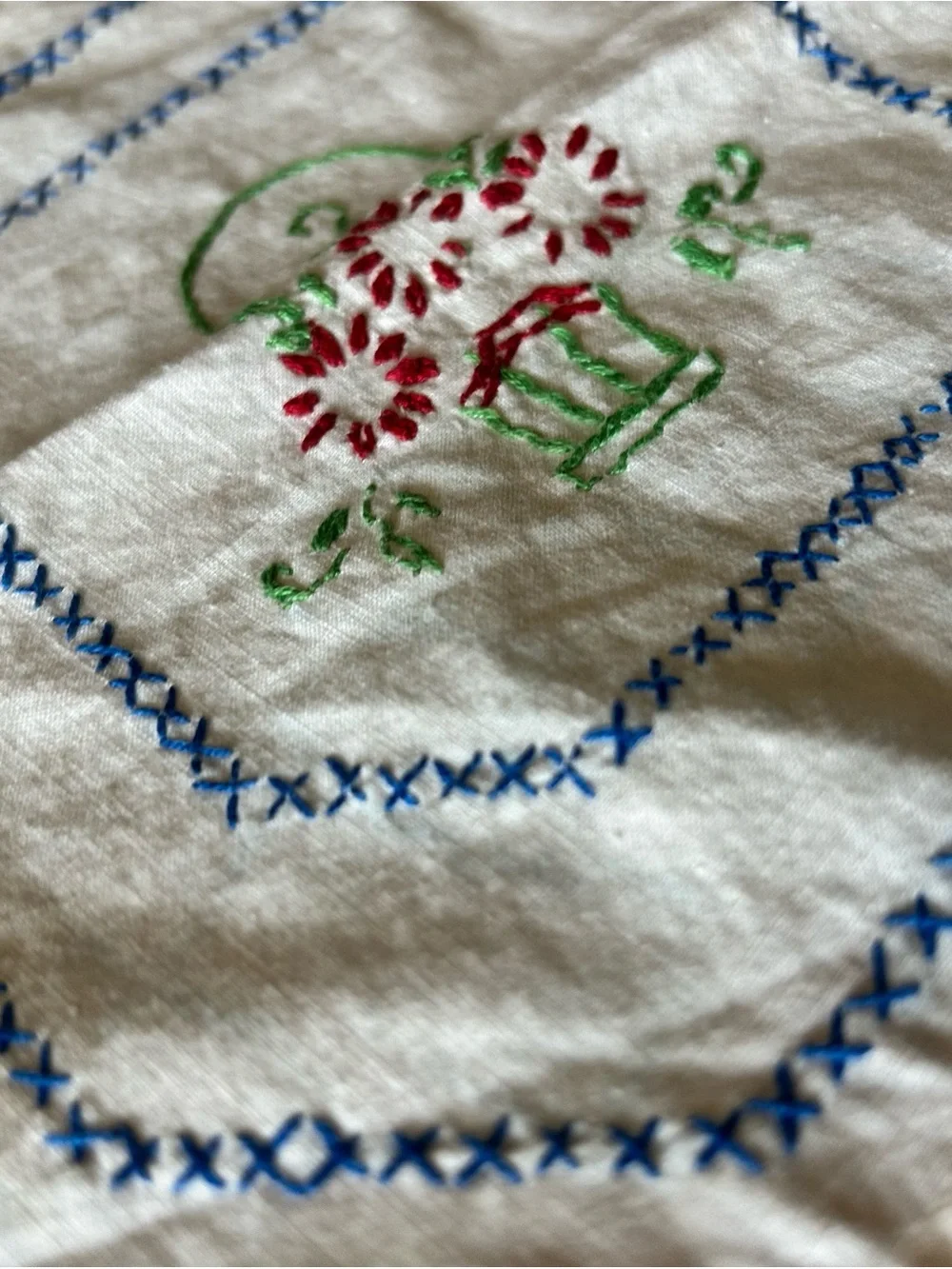 Vintage Hand-Embroidered Floral Linen Square flower basket hankie doily